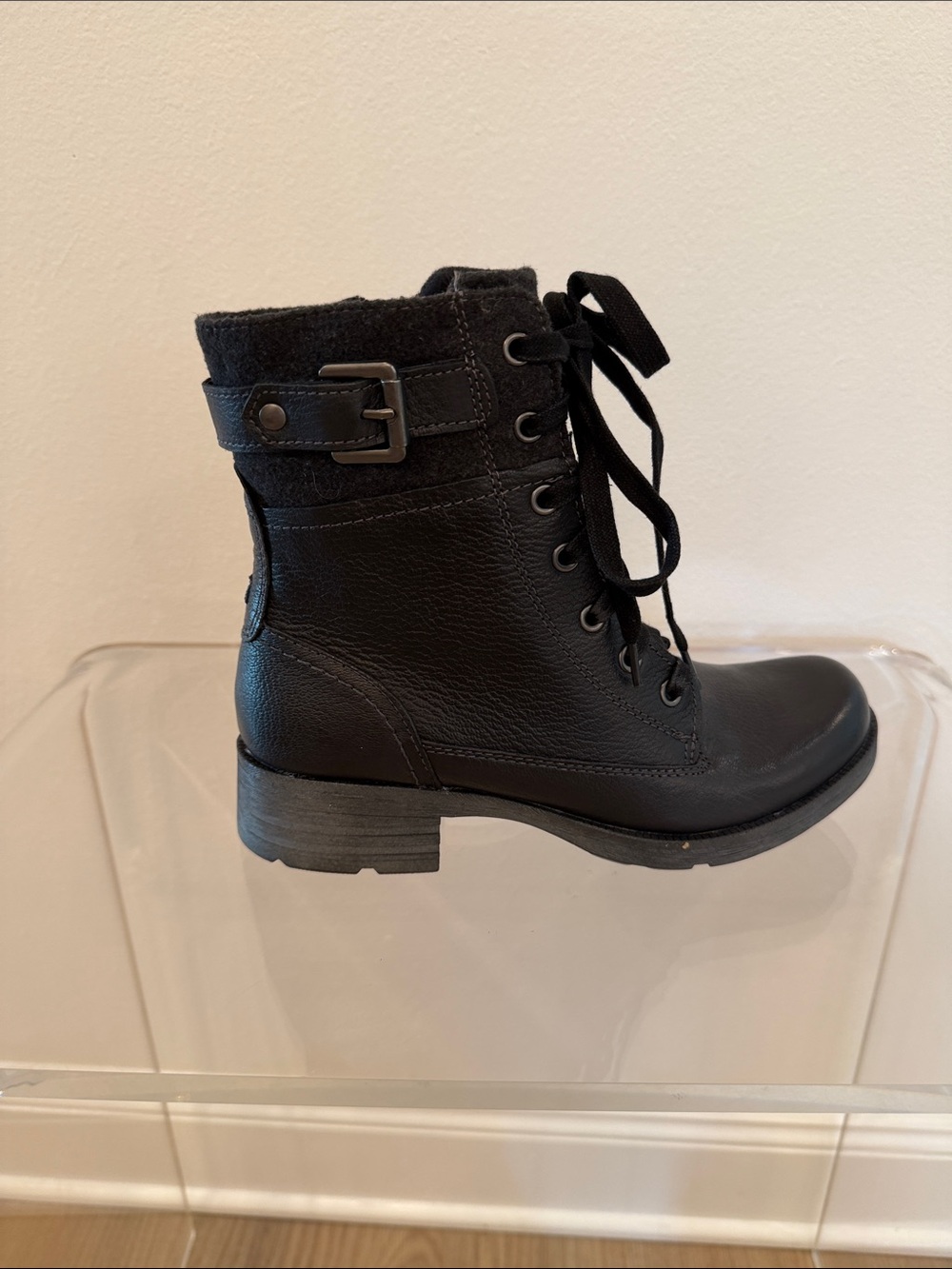 Earth Origins Black Leather Lace-Up Combat Boots with Side Buckle - Picture 4 of 11